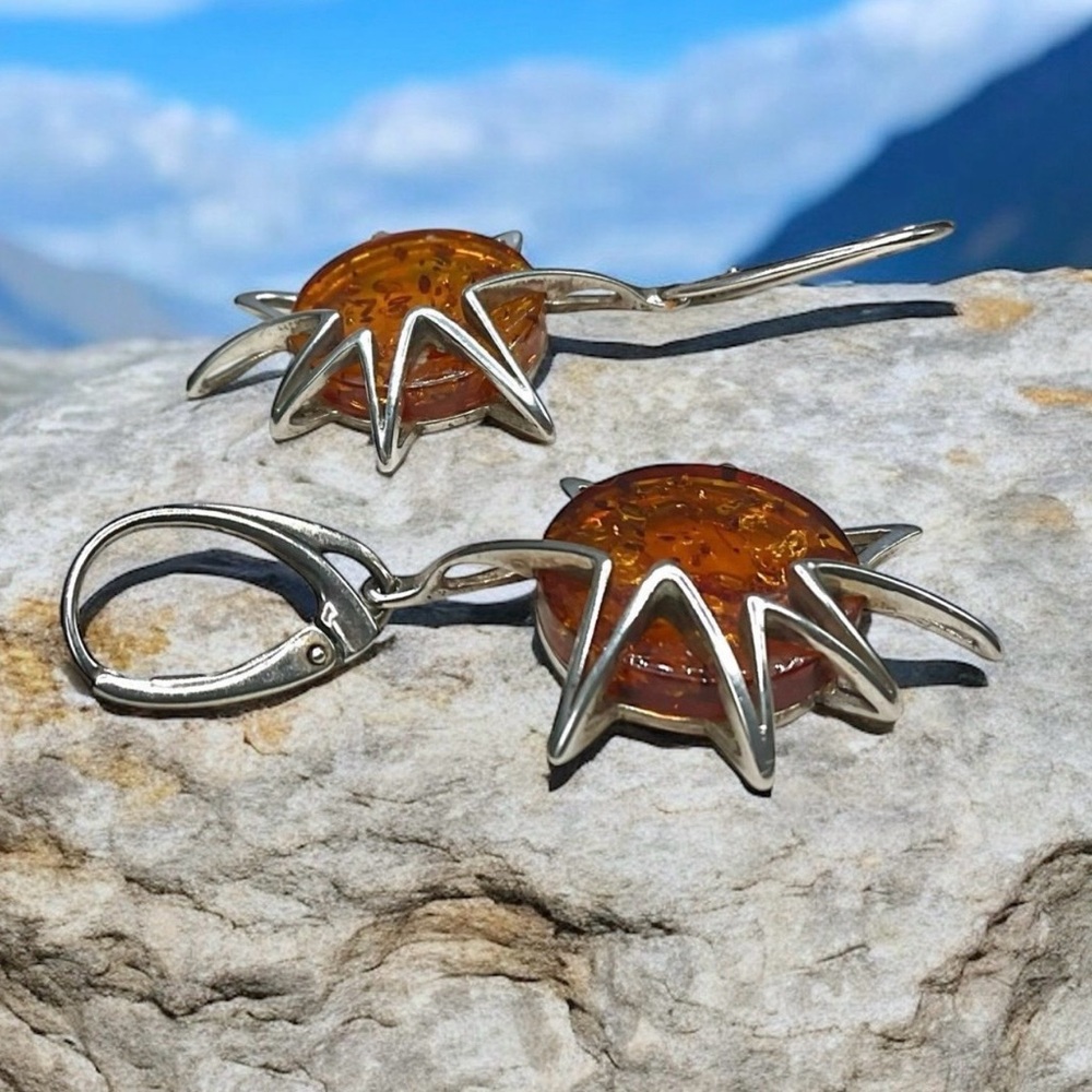 🌺Large Sterling & Amber Sunburst Earrings-2”